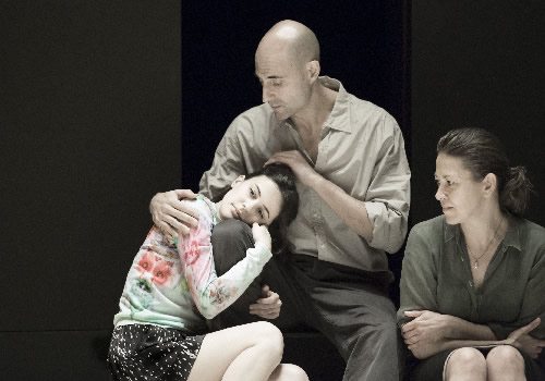 Phoebe Fox (Catherine) Mark Strong (Eddie) and Nicola Walker (Beatrice) in A View from the Bridge
